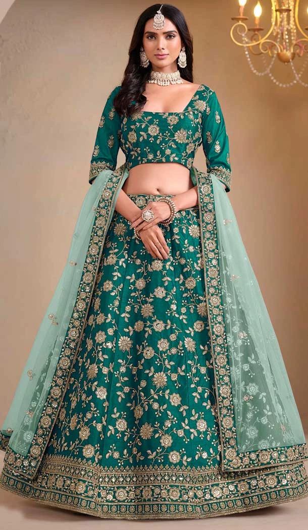 Art Silk Embroidered Designer Wear Lehenga Choli In Rama Green - 11616202172