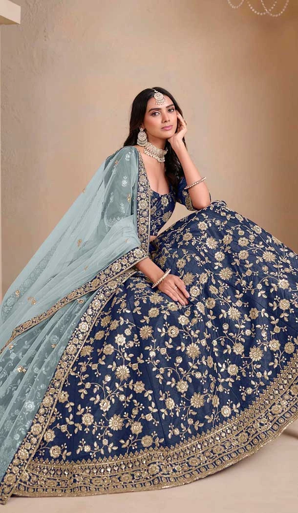 Art Silk Embroidered Designer Wear Lehenga Choli In Navy Blue - 11616202174