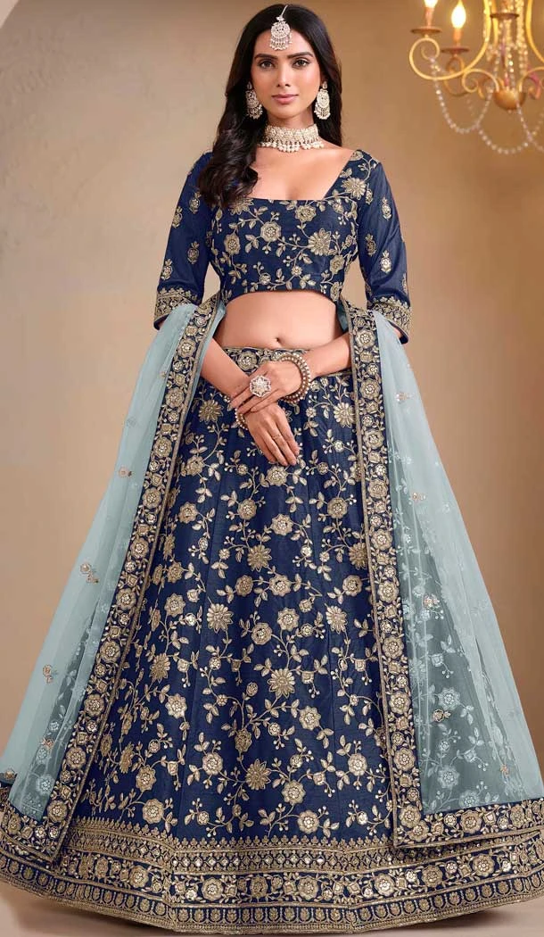Art Silk Embroidered Designer Wear Lehenga Choli In Navy Blue - 11616202174