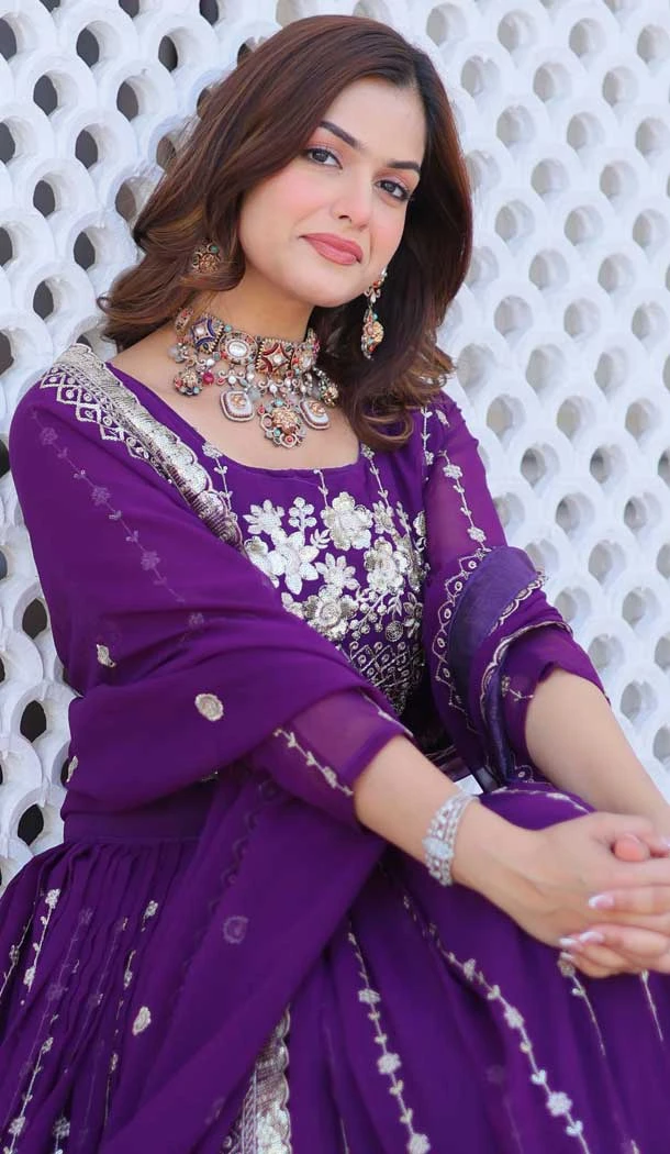 Purple Fox Georgette Embroidery Work Party Wear Lehenga Choli - 11623202198