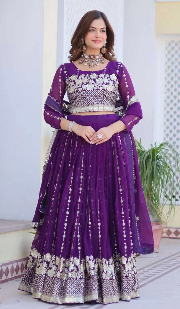 Purple Fox Georgette Embroidery Work Party Wear Lehenga Choli - 11623202198