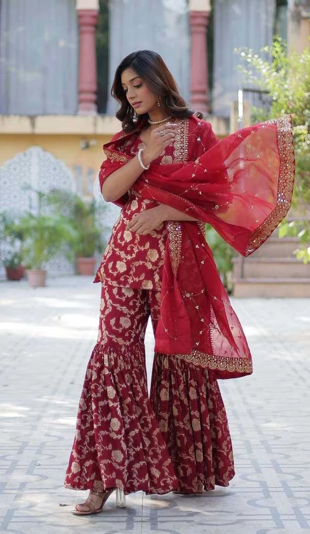 Georgette Jacquard Work Party Wear Sharara Suit In Maroon - 11624202201