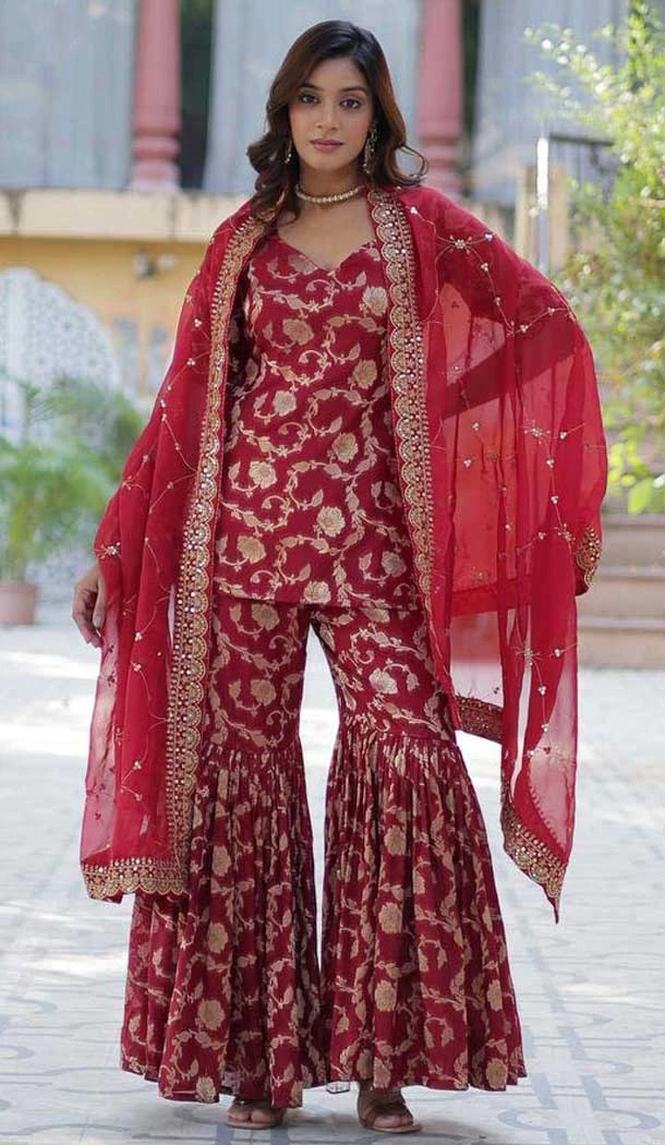 Georgette Jacquard Work Party Wear Sharara Suit In Maroon - 11624202201
