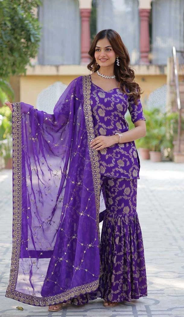 Georgette Jacquard Work Party Wear Sharara Suit In Purple - 11624202202