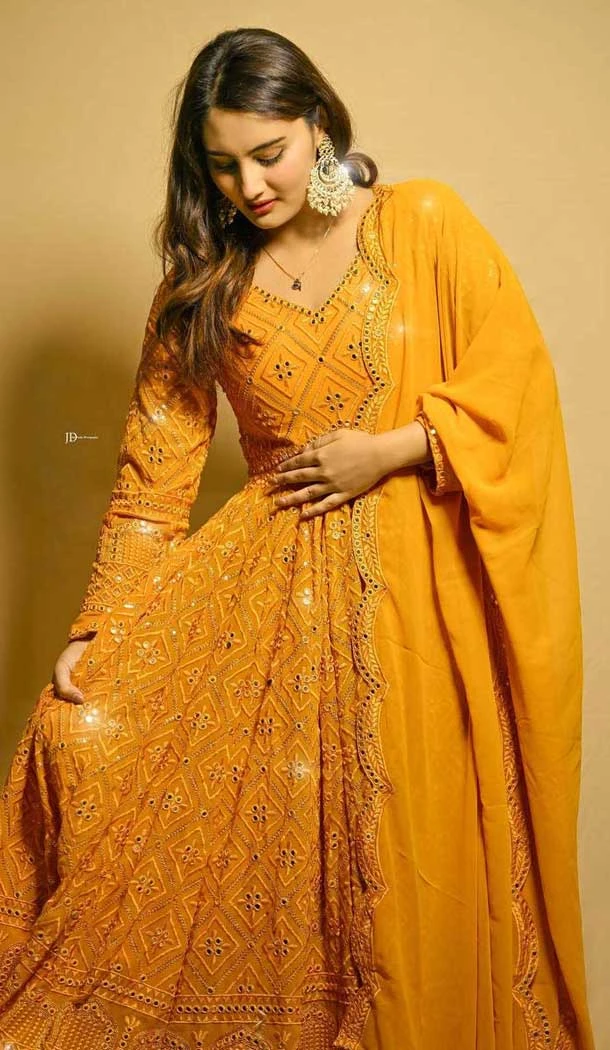 Mustard Faux Blooming Embroidered Anarkali Suit - 11629202226
