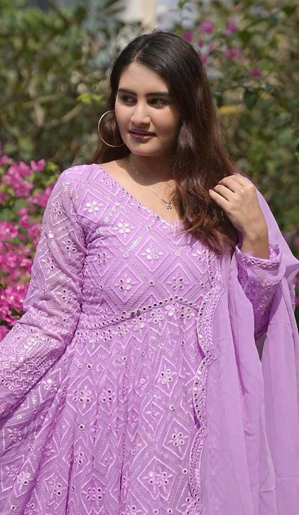 Lavender Faux Blooming Embroidered Anarkali Suit - 11629202227