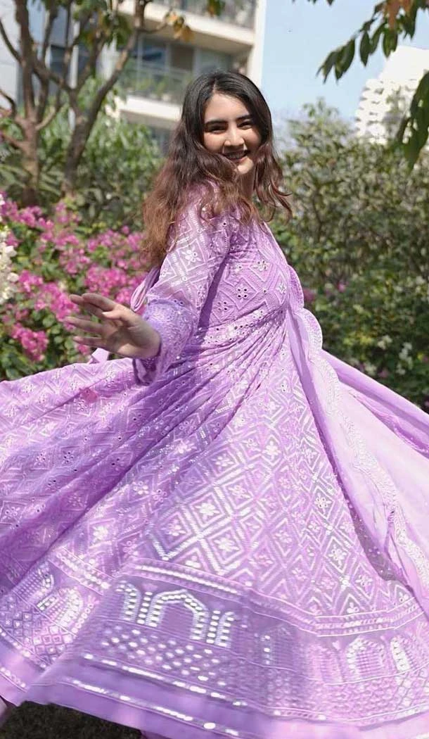 Lavender Faux Blooming Embroidered Anarkali Suit - 11629202227