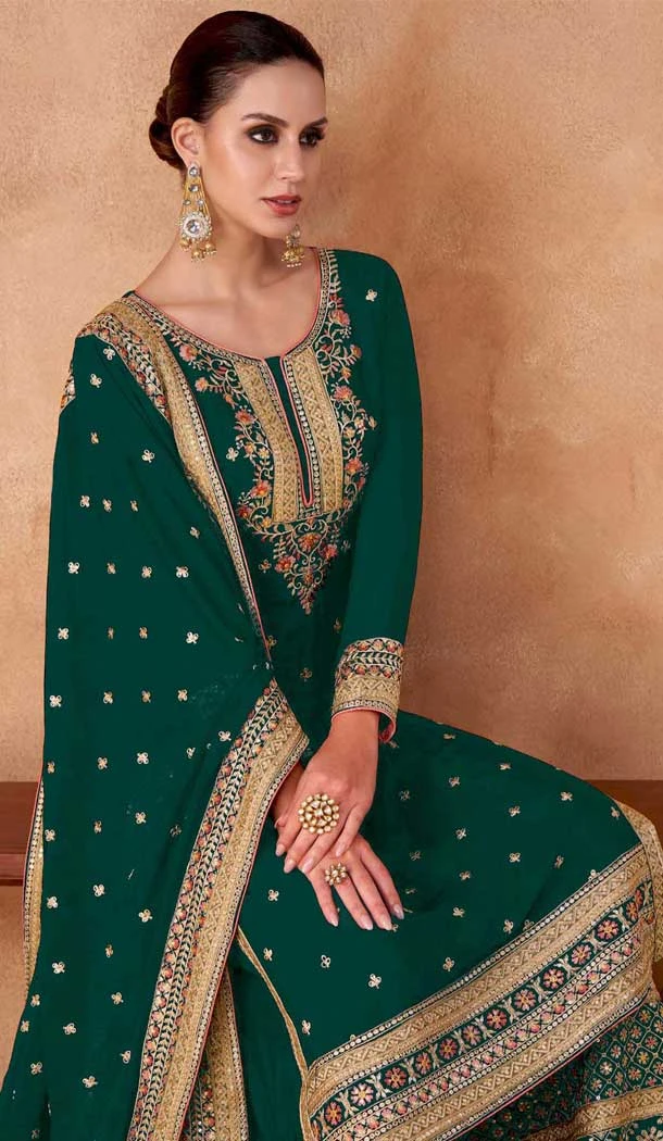 Georgette Embroidered Party Wear Palazzo Salwar Suit In Green - 11580201799