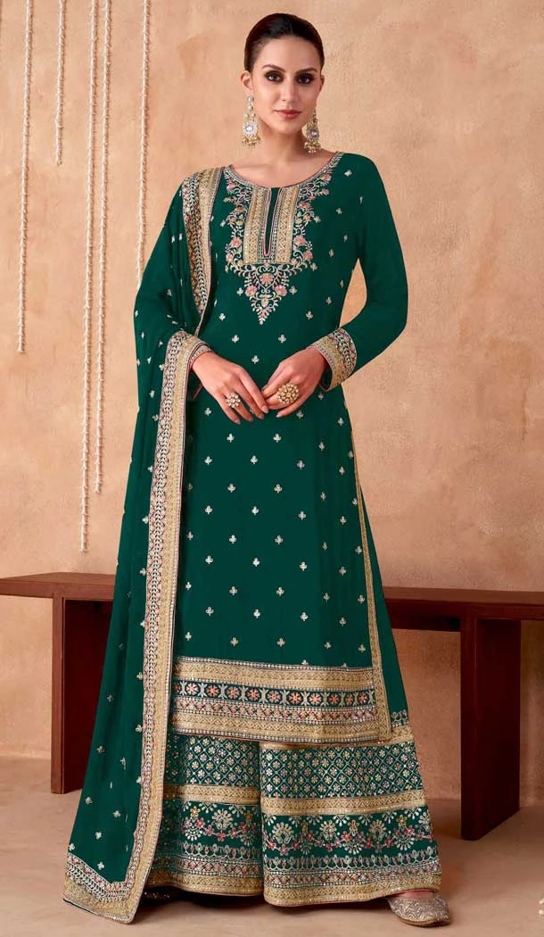 Georgette Embroidered Party Wear Palazzo Salwar Suit In Green - 11580201799