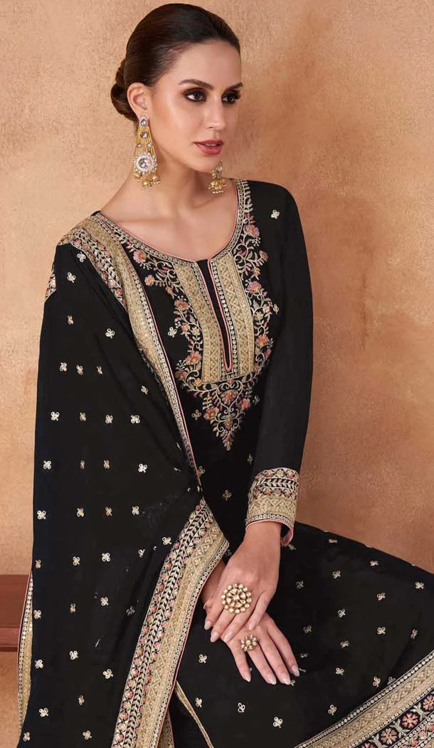 Georgette Embroidered Party Wear Palazzo Salwar Suit In Black - 11580201800