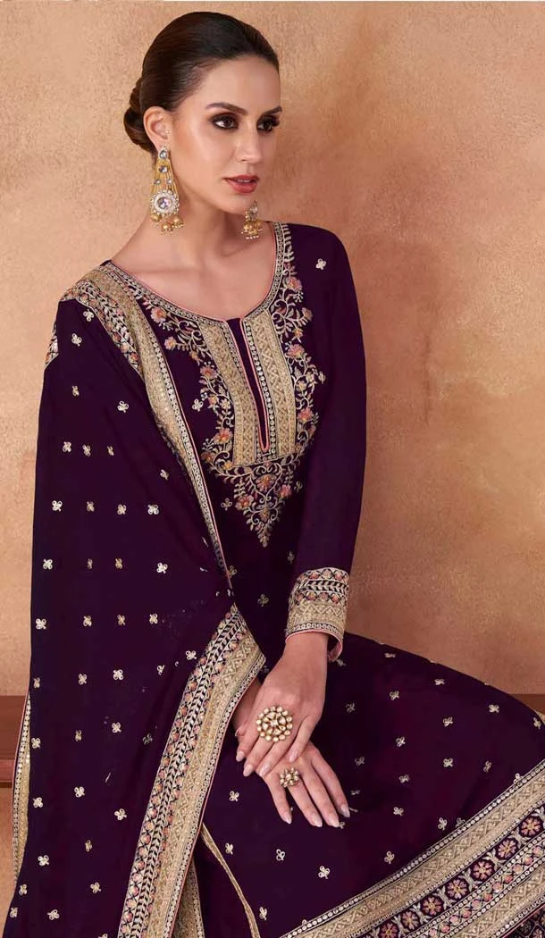 Georgette Embroidered Party Wear Palazzo Salwar Suit In Wine - 11580201801