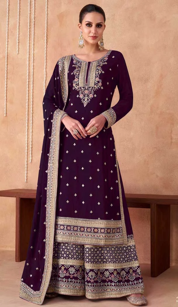 Georgette Embroidered Party Wear Palazzo Salwar Suit In Wine - 11580201801