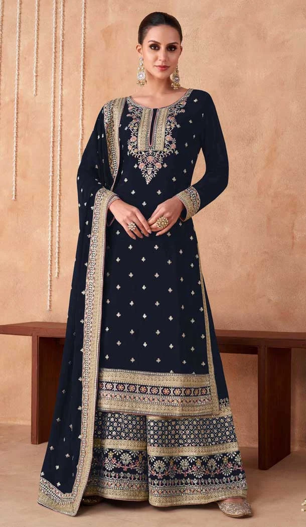 Georgette Embroidered Party Wear Palazzo Salwar Suit In Navy Blue - 11580201802