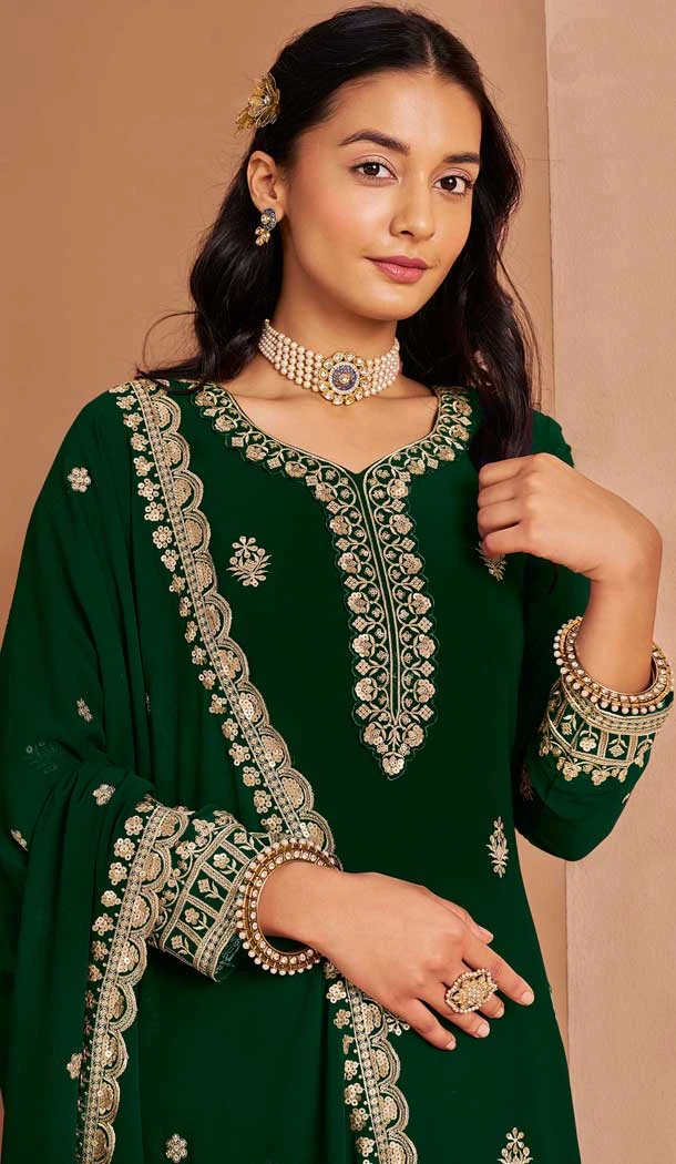 Green Faux Georgette Embroidered Pakistani Style Palazzo Salwar Suit - 11581201803