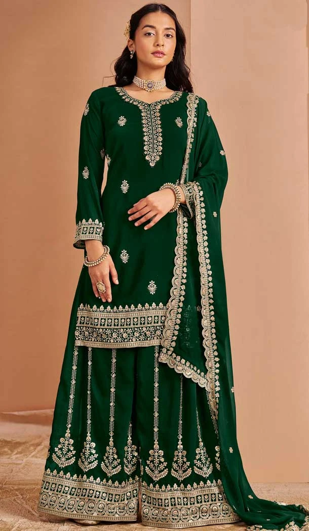 Green Faux Georgette Embroidered Pakistani Style Palazzo Salwar Suit - 11581201803