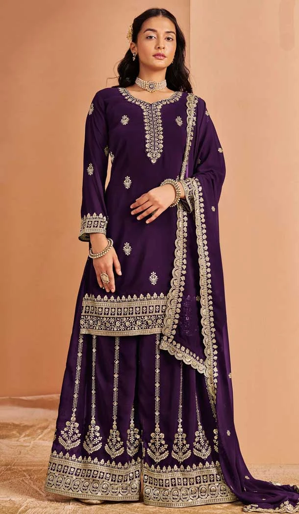 Purple Faux Georgette Embroidered Pakistani Style Palazzo Salwar Suit - 11581201804