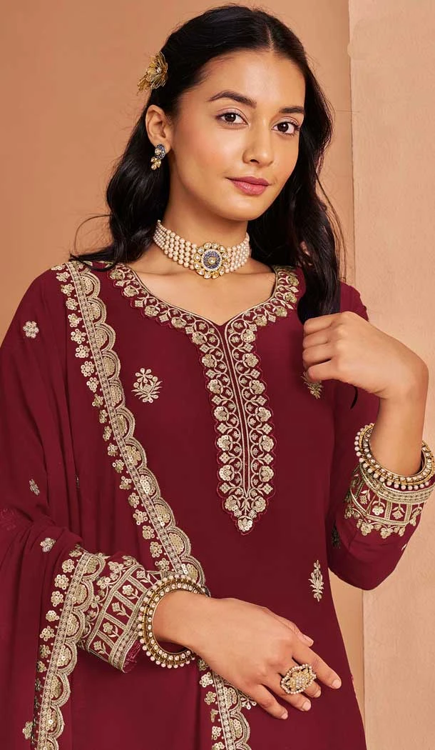 Maroon Faux Georgette Embroidered Pakistani Style Palazzo Salwar Suit - 11581201806