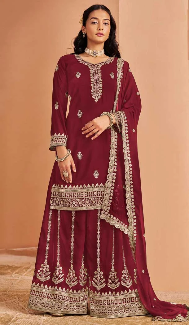 Maroon Faux Georgette Embroidered Pakistani Style Palazzo Salwar Suit - 11581201806