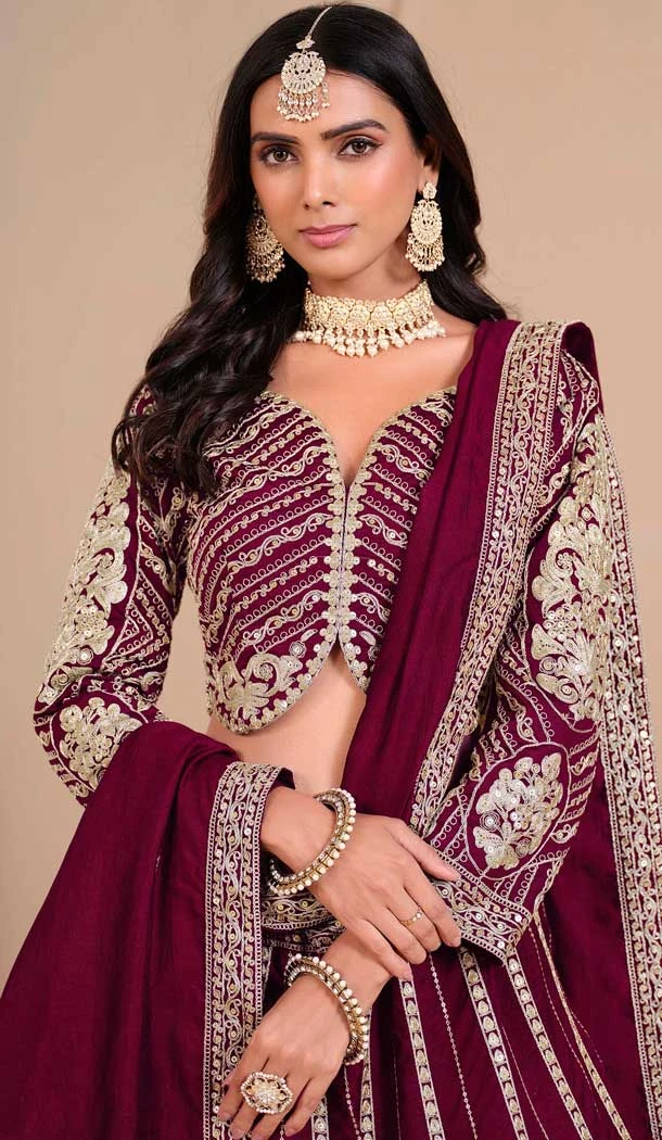 Art Silk Embroidery Work Designer Wear Lehenga Choli In Wine - 11582201808