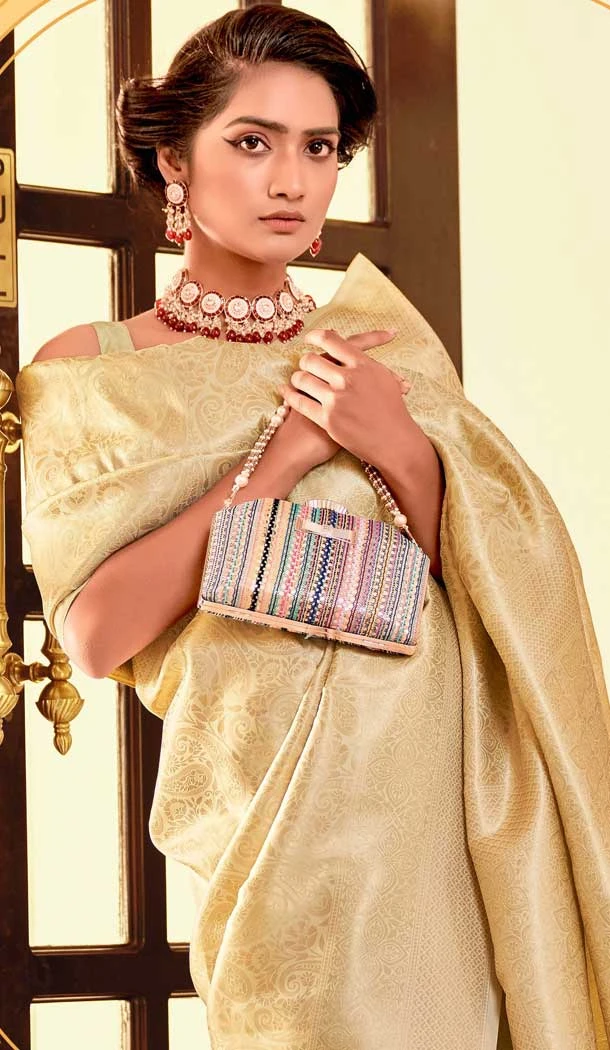Gold Cream Kanchivaram Silk Zari Weaving Work Party Wear Saree - 11626202209