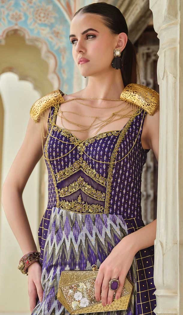 Purple Smooth Silk Foil Print Work Wedding Wear Gown With Dupatta - 11627202213