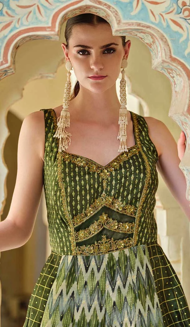 Mehendi Green Smooth Silk Foil Print Work Wedding Wear Gown With Dupatta - 11627202214