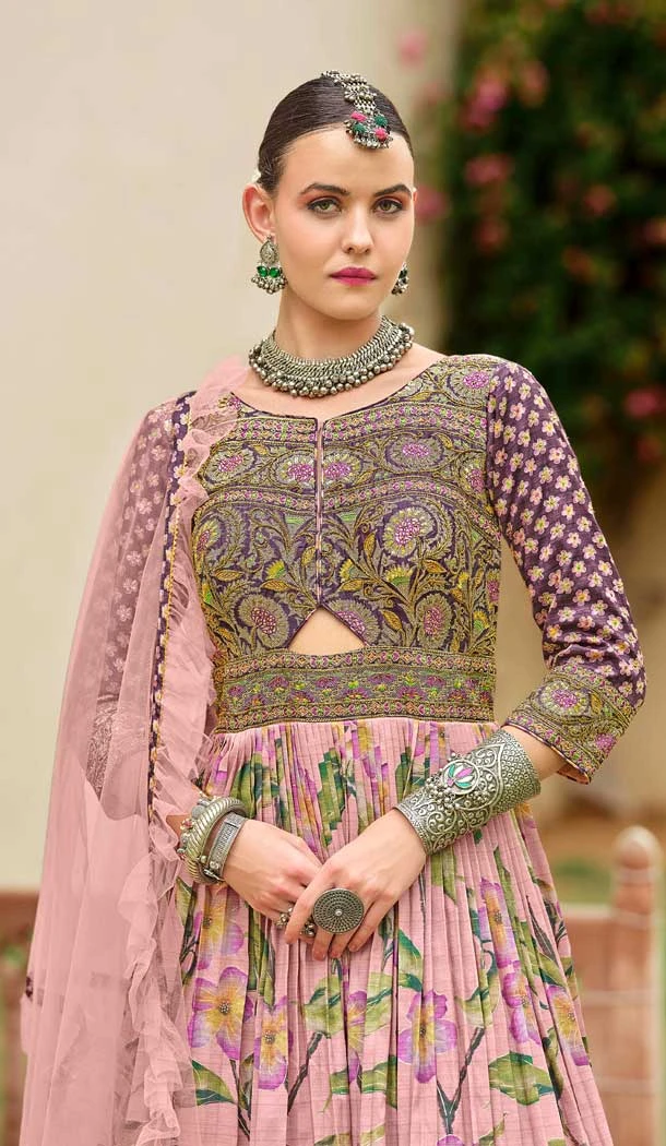 Light Pink Smooth Silk Foil Print Work Wedding Wear Gown With Dupatta - 11627202216