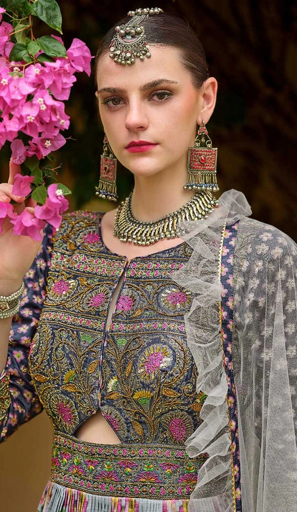 Grey Smooth Silk Foil Print Work Wedding Wear Gown With Dupatta - 11627202217