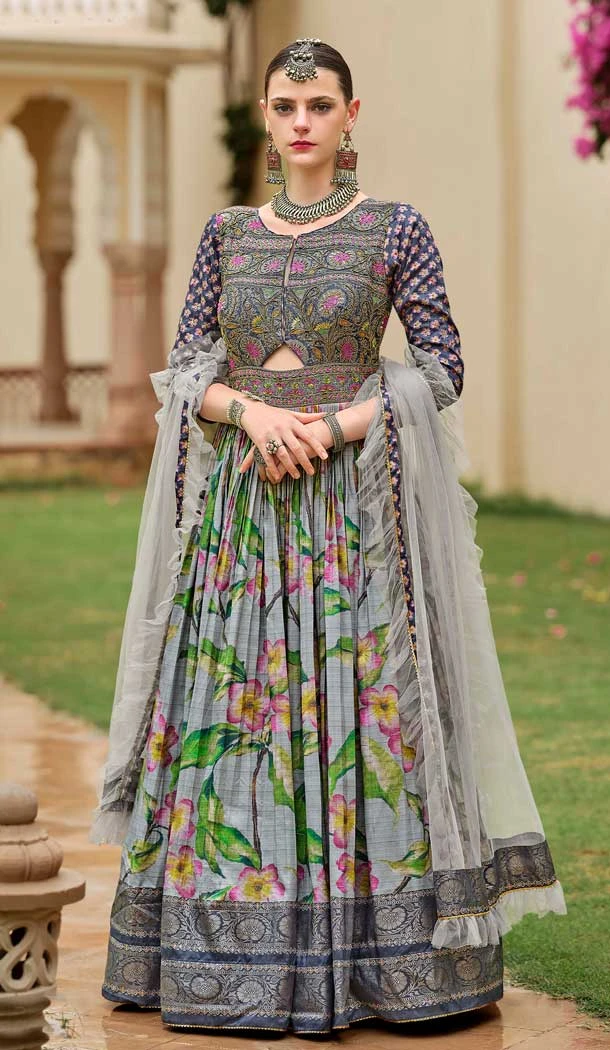 Grey Smooth Silk Foil Print Work Wedding Wear Gown With Dupatta - 11627202217