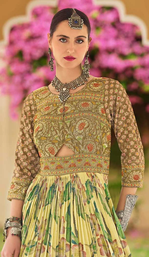 Light Yellow Smooth Silk Foil Print Work Wedding Wear Gown With Dupatta - 11627202218