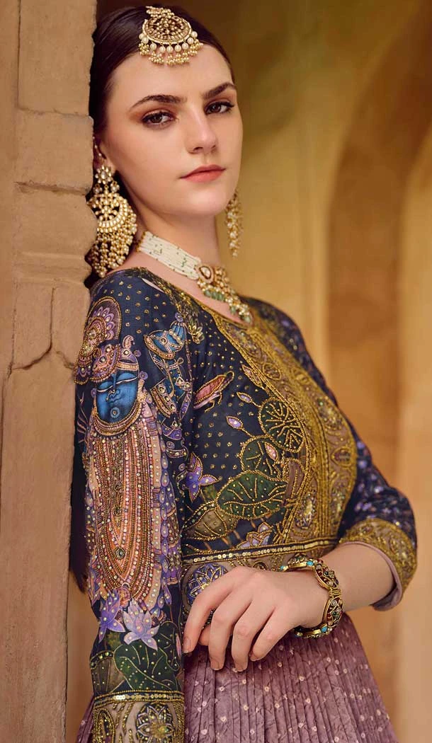 Mauve Smooth Silk Foil Print Work Wedding Wear Gown With Dupatta - 11627202220