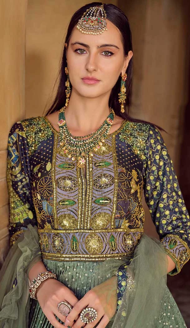 Green Smooth Silk Foil Print Work Wedding Wear Designer Gown With Dupatta - 11627202221