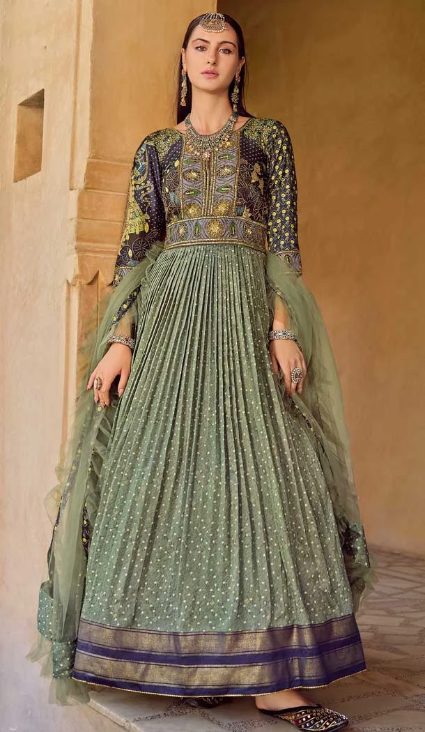 Green Smooth Silk Foil Print Work Wedding Wear Designer Gown With Dupatta - 11627202221