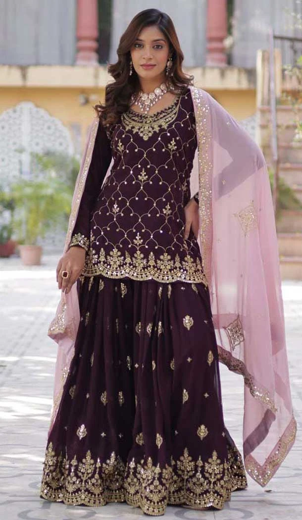 Faux Blooming Embroidered Party Wear Palazzo Salwar Suit In Wine - 11631202231