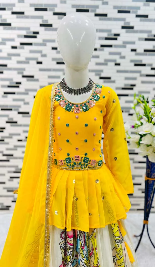 Yellow Chinon Silk Embroidery Work Party Wear Kids Lehenga Choli - 11668202434