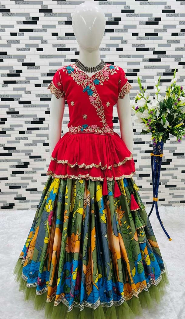 Multi Color Chinon Silk Embroidery Work Party Wear Kids Lehenga Choli - 11668202435