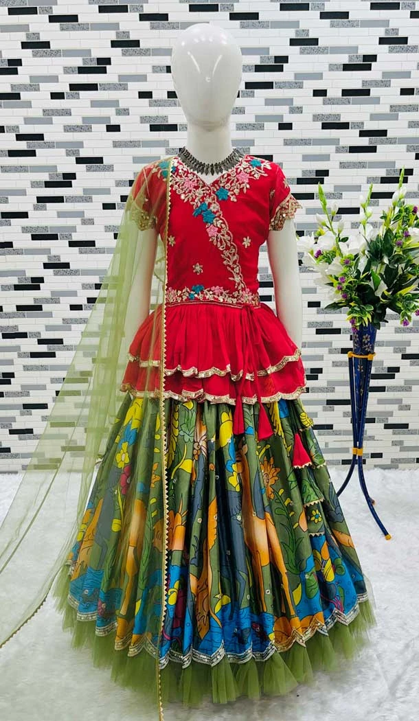 Multi Color Chinon Silk Embroidery Work Party Wear Kids Lehenga Choli - 11668202435