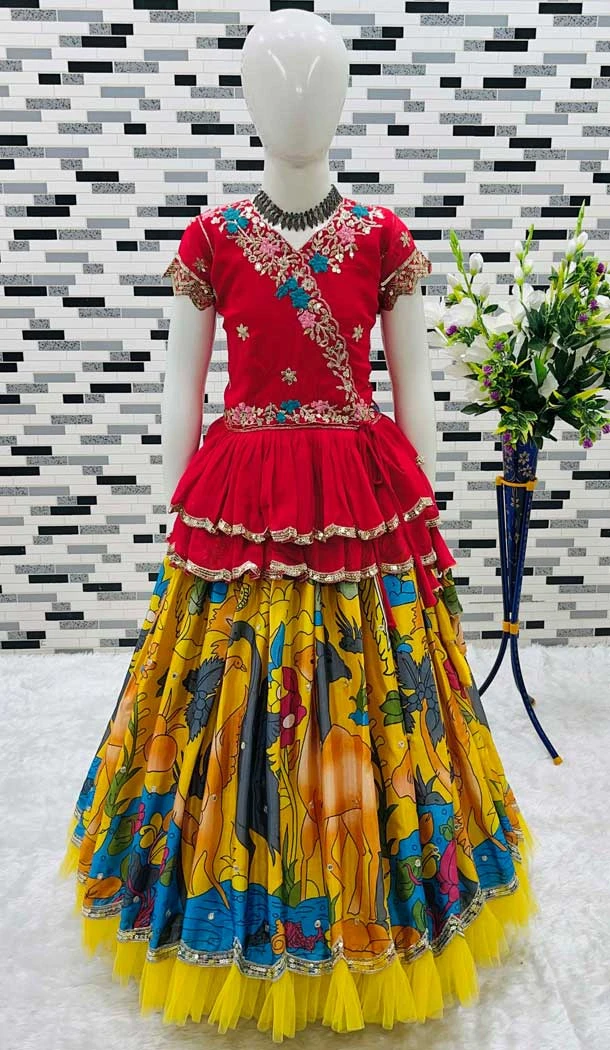 Multi Color Embroidery Work Chinon Silk Party Wear Kids Lehenga Choli - 11668202437