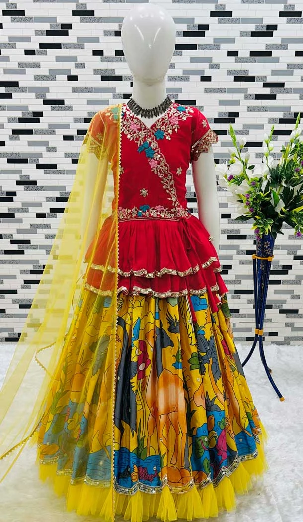 Multi Color Embroidery Work Chinon Silk Party Wear Kids Lehenga Choli - 11668202437
