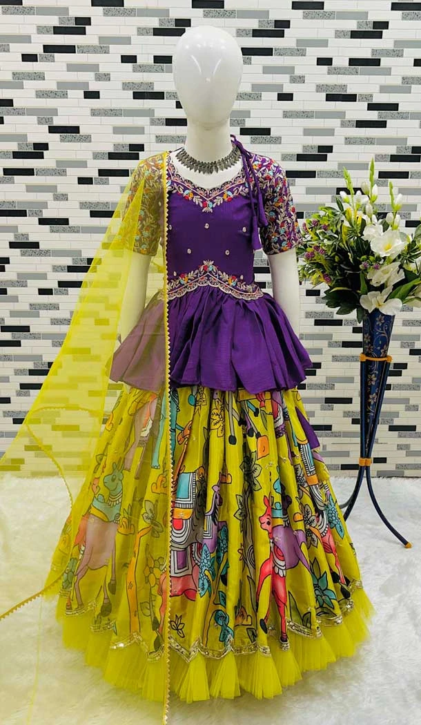 Multi Color Chinon Silk Sequins Embroidered Party Wear Kids Lehenga Choli - 11668202440
