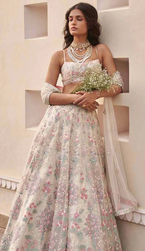 Faux Georgette Sequins Work Party Wear Lehenga Choli In Off White - 11671202448