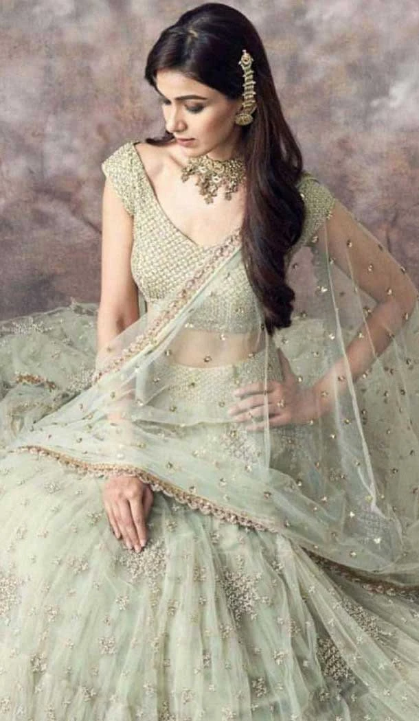 Net Embroidery Work Party Wear Lehenga Choli In Light Green - 11671202449