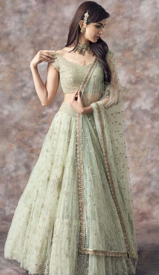 Net Embroidery Work Party Wear Lehenga Choli In Light Green - 11671202449