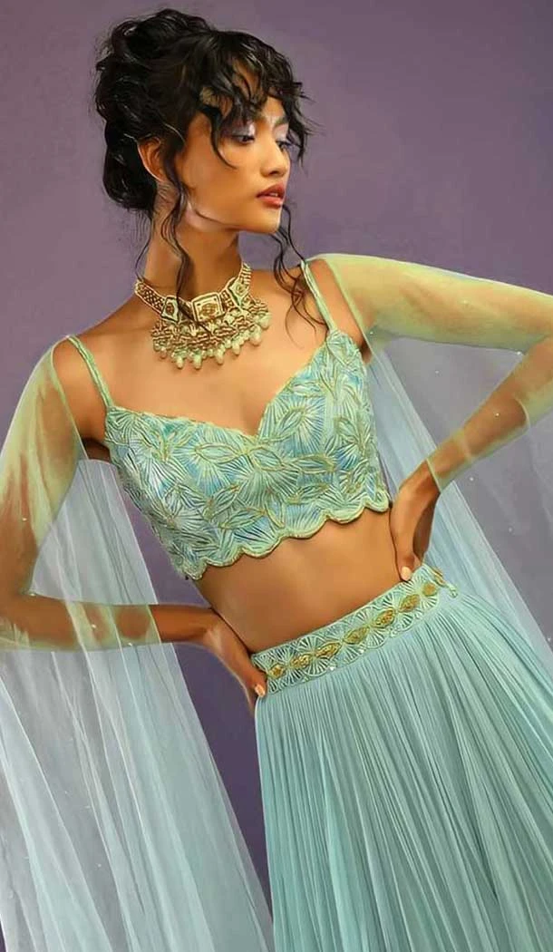 Faux Georgette Embroidery Work Party Wear Lehenga Choli In Turquoise - 11671202450