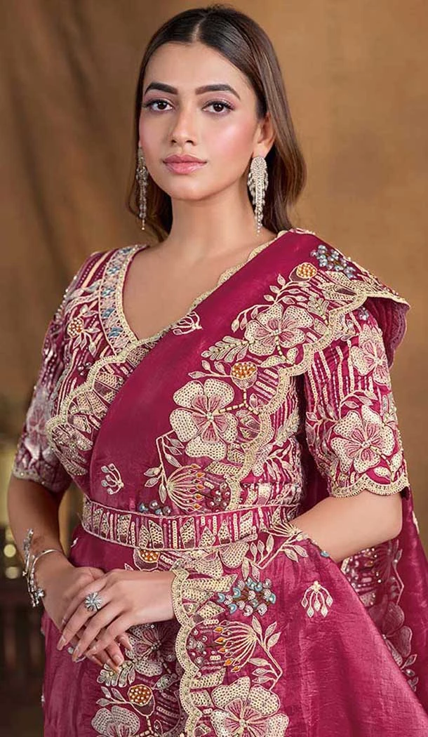 Wine Crush Paper Silk Stone Work Wedding Wear Saree - 11601202067