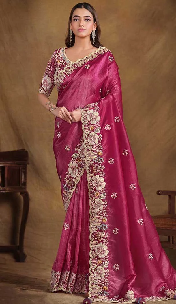 Wine Crush Paper Silk Stone Work Wedding Wear Saree - 11601202067