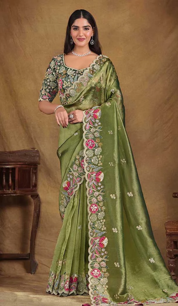 Mehendi Green Glass Tissue Stone Work Wedding Wear Saree - 11601202068