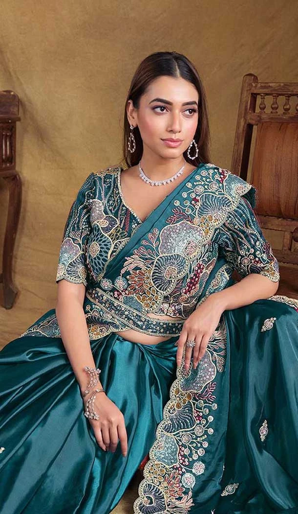 Teal Blue Crush Satin Silk Stone Work Wedding Wear Saree - 11601202069