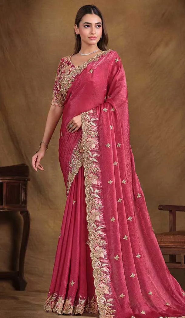 Red Two Tone Satin Silk Stone Work Wedding Wear Saree - 11601202070