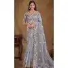 Grey Pure Organza Silk Stone Work Wedding Wear Plus Size Saree - 11601202071